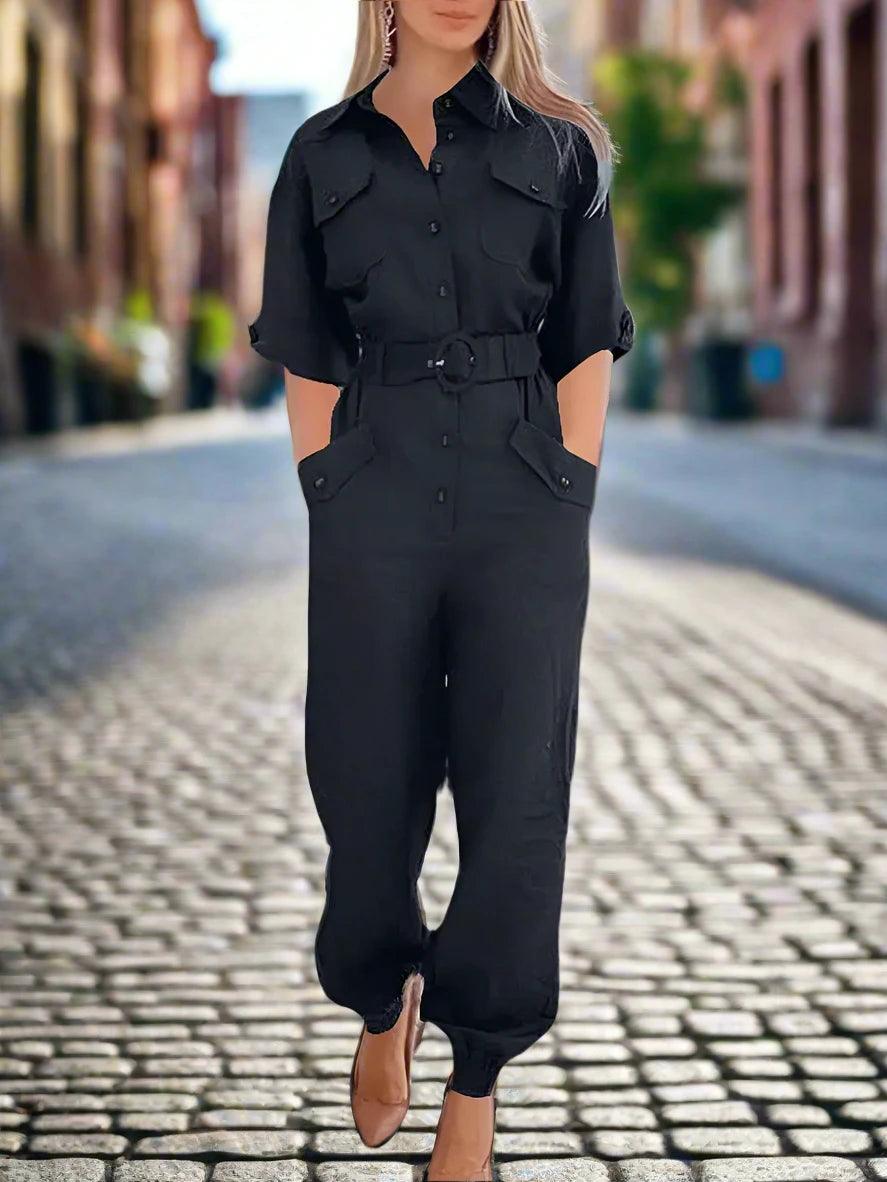 Fashion Women Lapel Neck 3/4 Sleeve Jumpsuits - DALI