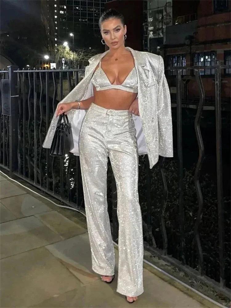 Glitter Silver Party Two Piece Pants Set Women - DALI
