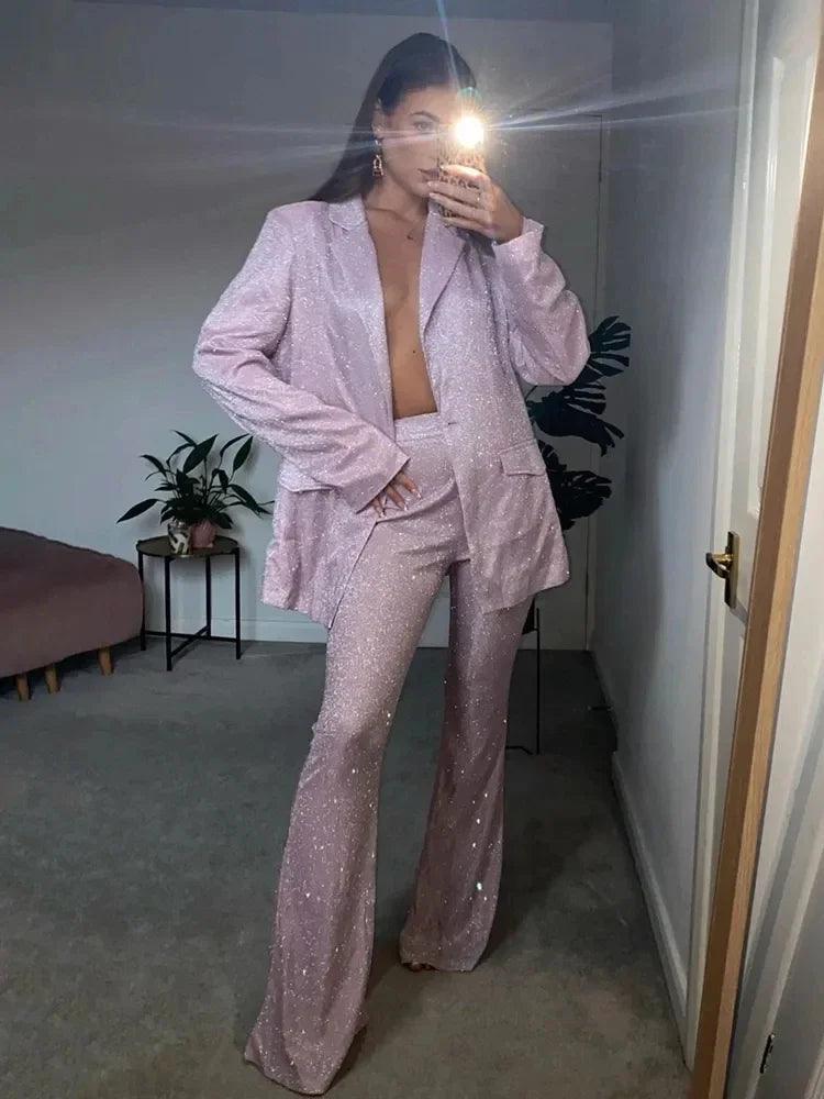 Glitter Silver Party Two Piece Pants Set Women - DALI