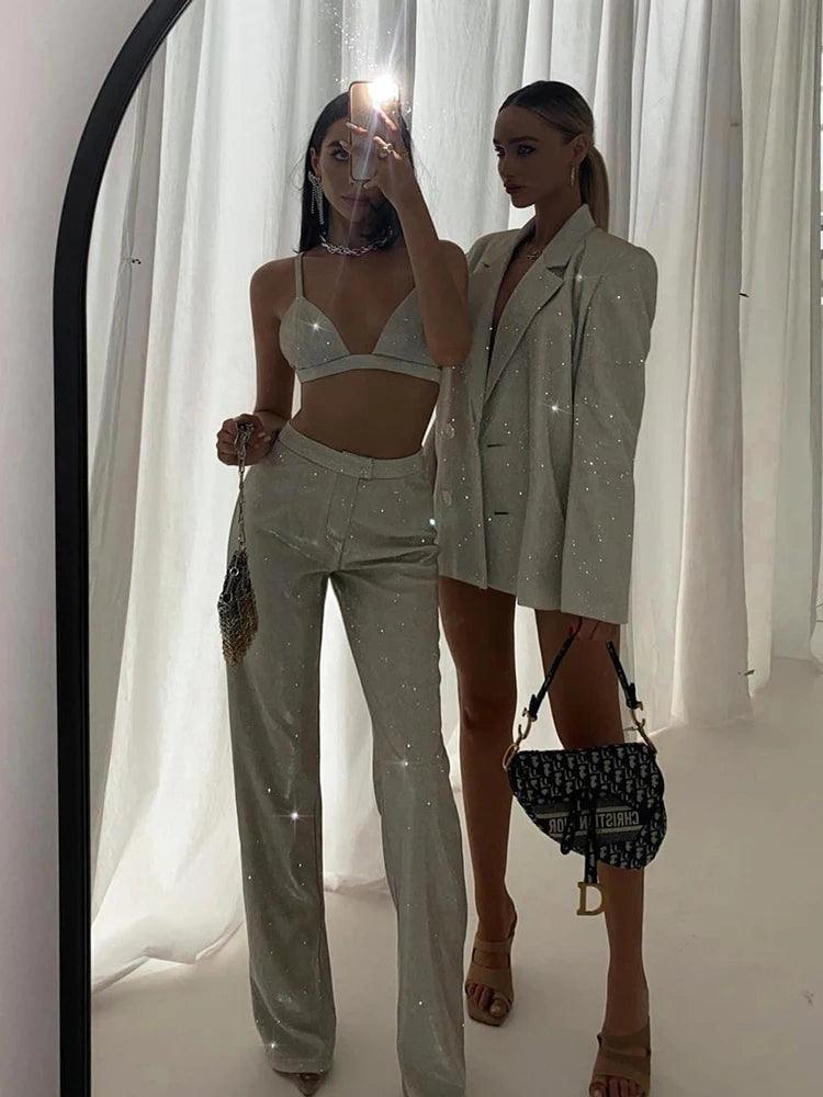 Glitter Silver Party Two Piece Pants Set Women - DALI