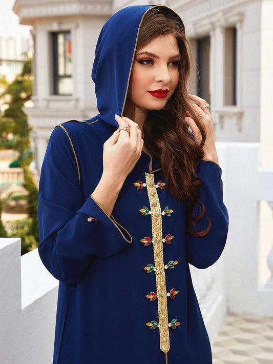 Navy Gold-rimmed Hand-sewn Diamond Hooded Robe ABAYA Muslim - DALI