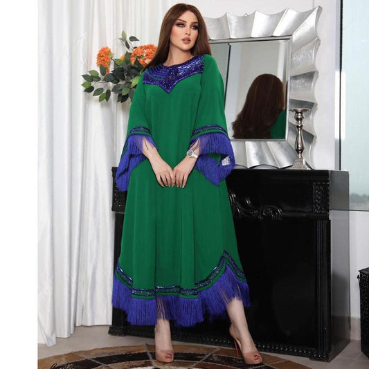 Morocco Women Sequins Tassel Muslim Abaya Kaftan Evening Dress - DALI
