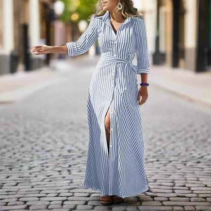Dress Elegant Women Lapel Neck Striped - DALI