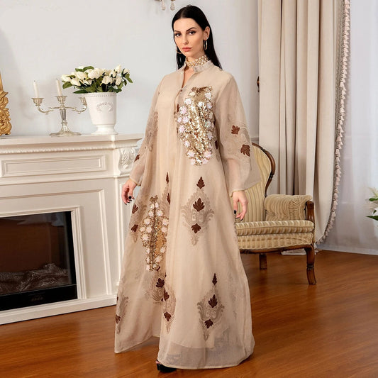 Mesh Sequins Embroidered Abaya Dress for Women Winter Middle East