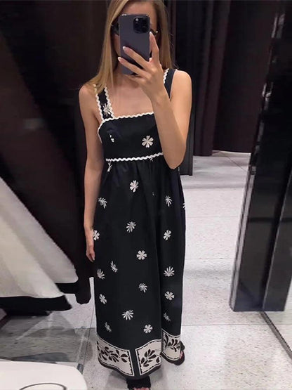 Vintage Print Pleated Sling Strap Dress - DALI