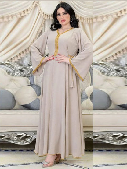 Long Dress Diamonds Full Sleeve Abaya Muslim Elegant Women Clothing