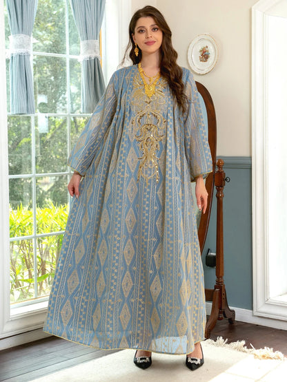 Gorgeous Party Evening Dresses Muslim Ethnic Sequin Gold Thread Embroider Abaya