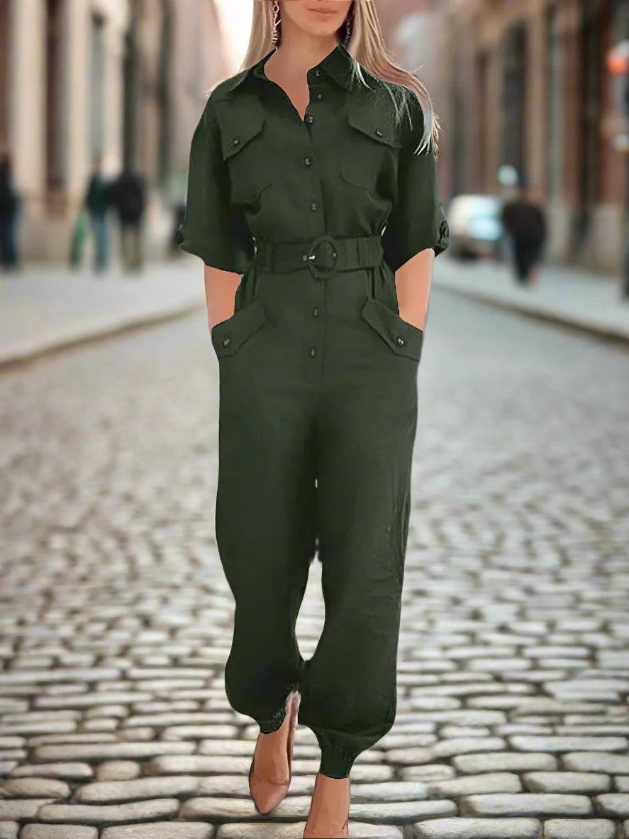Fashion Women Lapel Neck 3/4 Sleeve Jumpsuits - DALI
