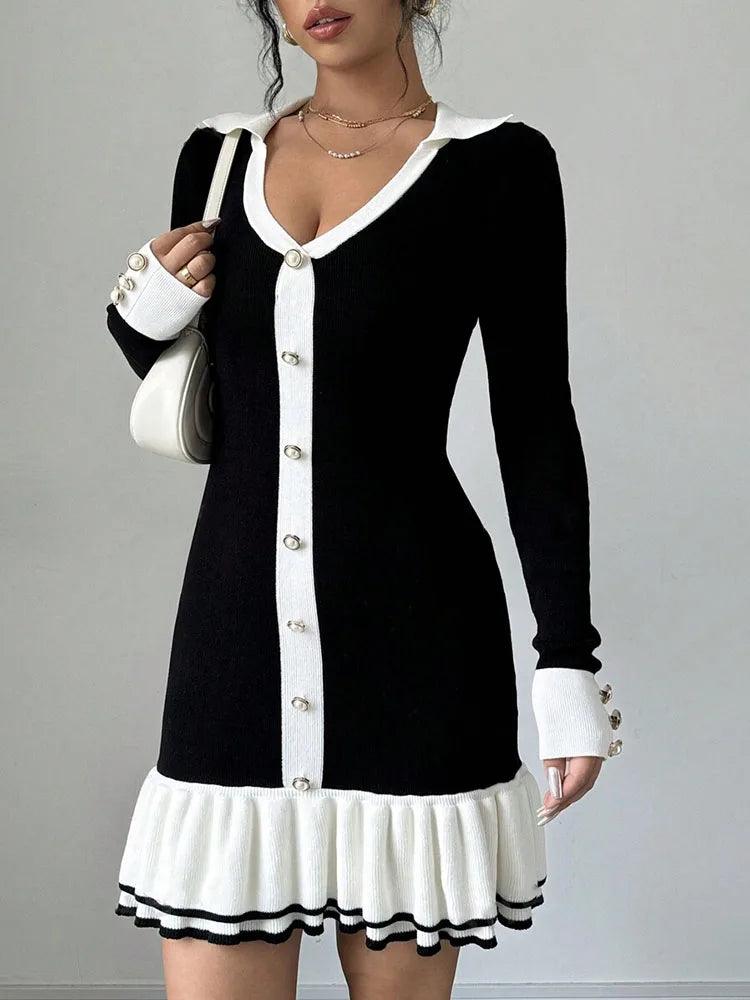 Back Hollow Bows Lace Up Ruffled Knitting Dress For Women - DALI