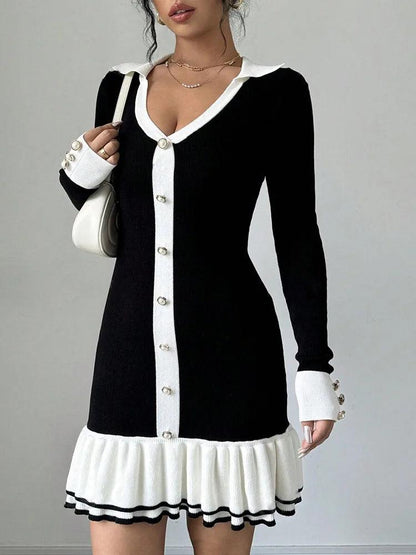 Back Hollow Bows Lace Up Ruffled Knitting Dress For Women - DALI