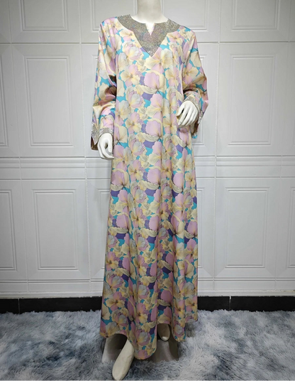 Fashion Diamonds Elegant Printing Long Dresses Muslim Eid