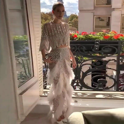 Luxury White Feathers Two Pieces Evening Dress "Customized"