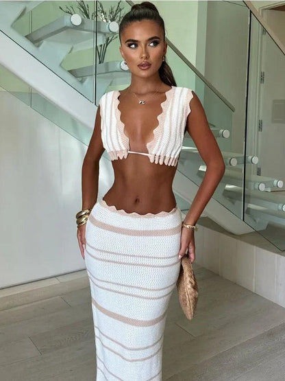 Knit Striped 2 Piece-Set Long Skirt Female - DALI