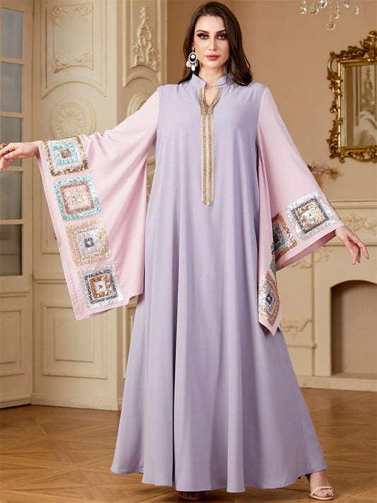 Ramadan Dubai Sequins Patchwork Batwing Maxi Dress For Women