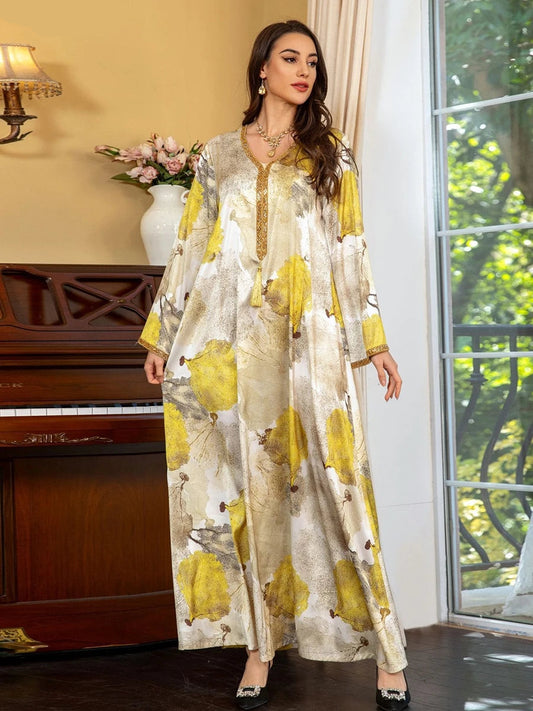 Muslim Eid Women Satin Printing V-Neck Maxi Long Dress