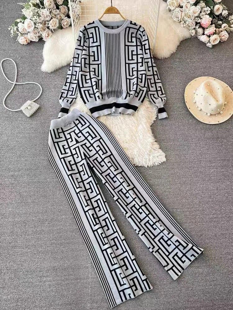 Women's Jacquard Knit Top 2-Piece Style Casual Suit