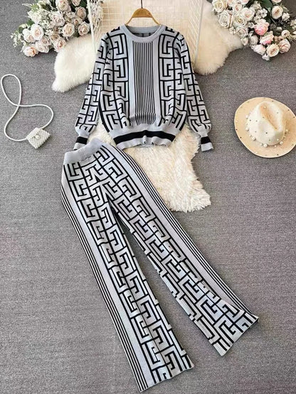 Women's Jacquard Knit Top 2-Piece Style Casual Suit