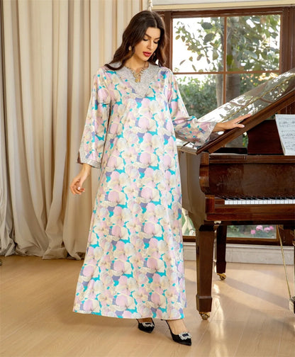 Fashion Diamonds Elegant Printing Long Dresses Muslim Eid