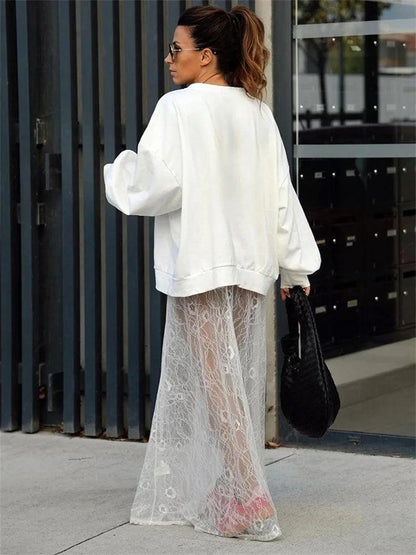 Printed Hollow Out Fashion Long Skirt Female - DALI