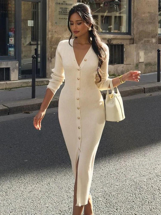 Elegant Evening Dress Women V Neck Long Sleeve - DALI