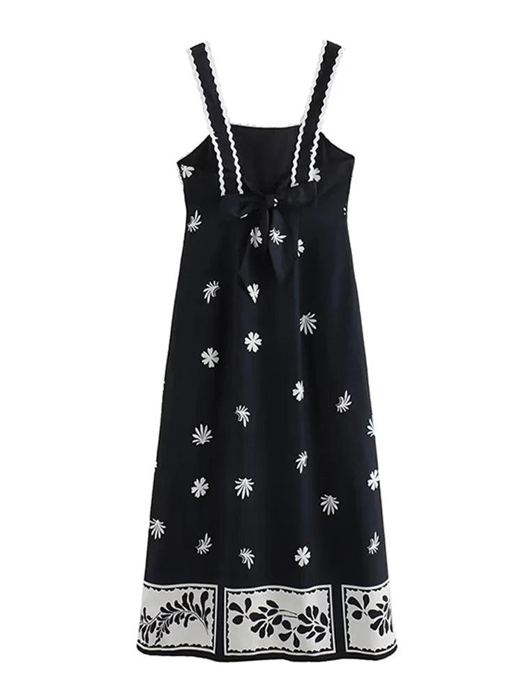 Vintage Print Pleated Sling Strap Dress - DALI