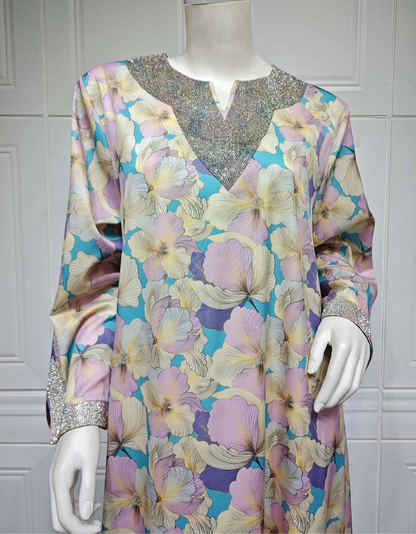 Fashion Diamonds Elegant Printing Long Dresses Muslim Eid