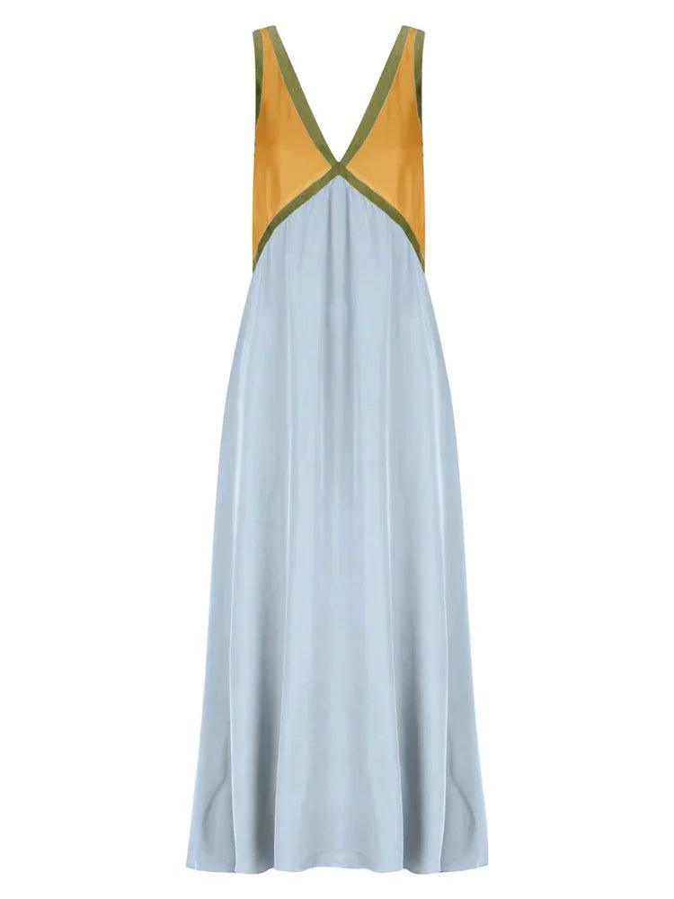 Patchwork V-Neck Strapless Maxi Dress Female - DALI