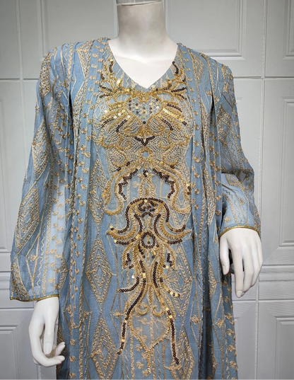 Gorgeous Party Evening Dresses Muslim Ethnic Sequin Gold Thread Embroider Abaya