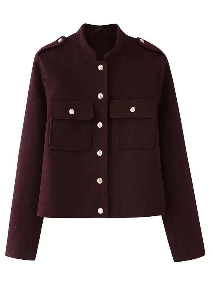 Red Jacket Stand Collar Single Breasted Full Sleeve - DALI