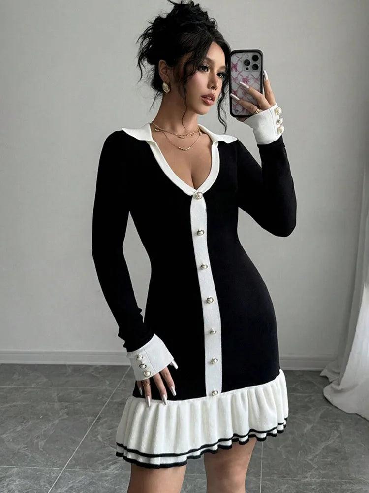 Back Hollow Bows Lace Up Ruffled Knitting Dress For Women - DALI