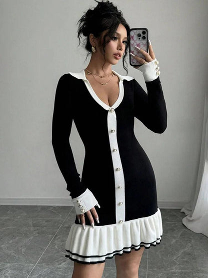Back Hollow Bows Lace Up Ruffled Knitting Dress For Women - DALI