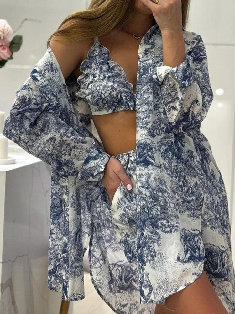 Retro Ink Shirt Three-piece Shorts Suit Women's - DALI