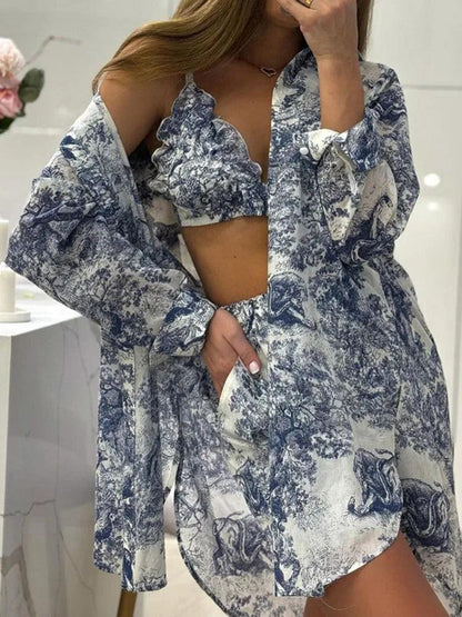 Retro Ink Shirt Three-piece Shorts Suit Women's - DALI