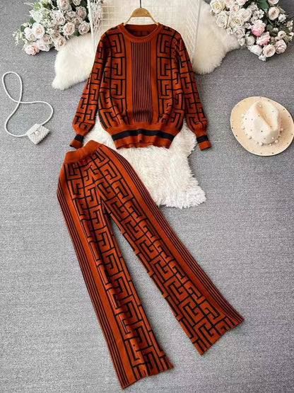 Women's Jacquard Knit Top 2-Piece Style Casual Suit