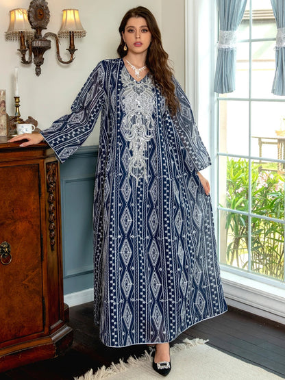 Gorgeous Party Evening Dresses Muslim Ethnic Sequin Gold Thread Embroider Abaya