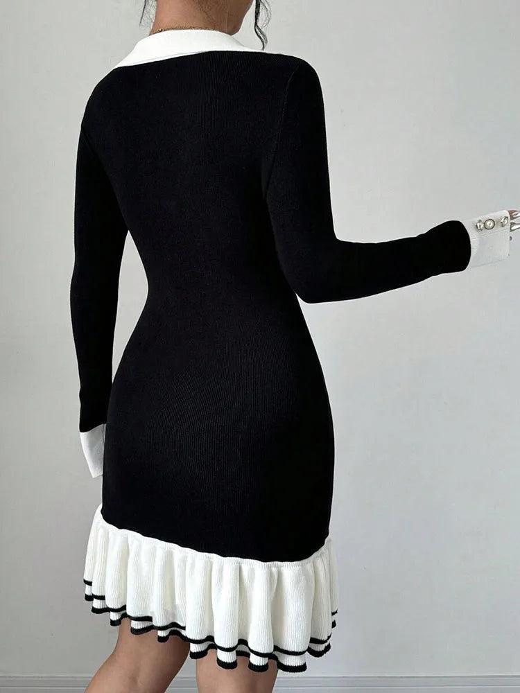 Back Hollow Bows Lace Up Ruffled Knitting Dress For Women - DALI