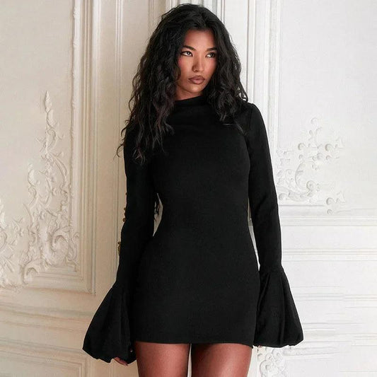 Fashion Pull Sleeve Black Mini Dress - DALI