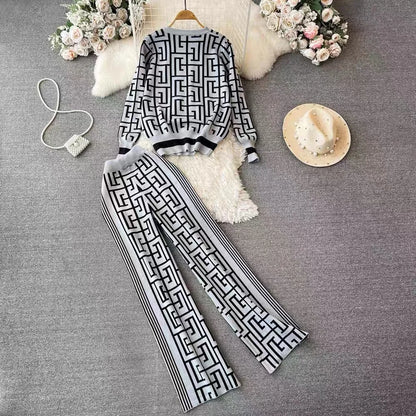 Women's Jacquard Knit Top 2-Piece Style Casual Suit