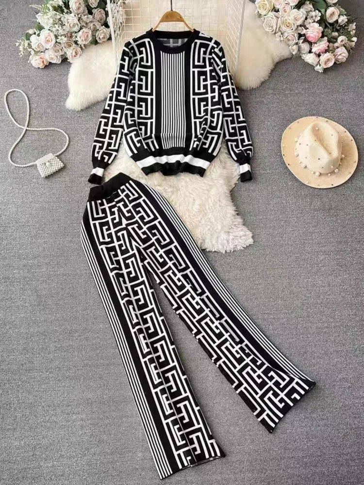 Women's Jacquard Knit Top 2-Piece Style Casual Suit
