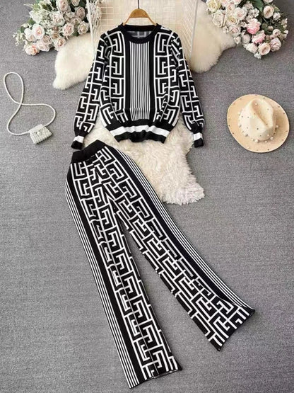 Women's Jacquard Knit Top 2-Piece Style Casual Suit