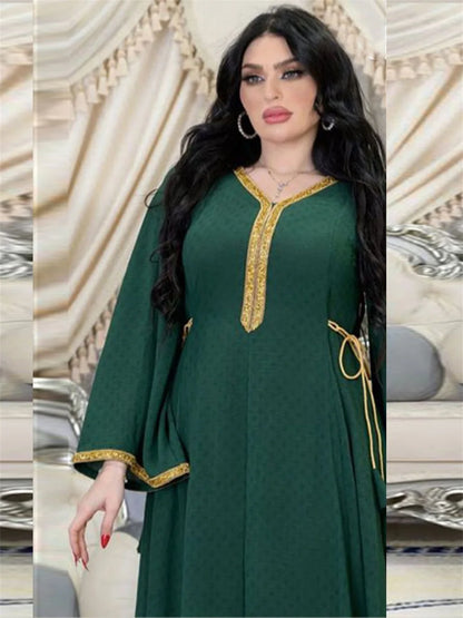 Long Dress Diamonds Full Sleeve Abaya Muslim Elegant Women Clothing