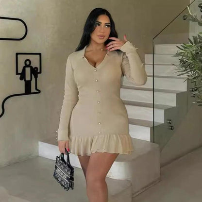 Back Hollow Bows Lace Up Ruffled Knitting Dress For Women - DALI