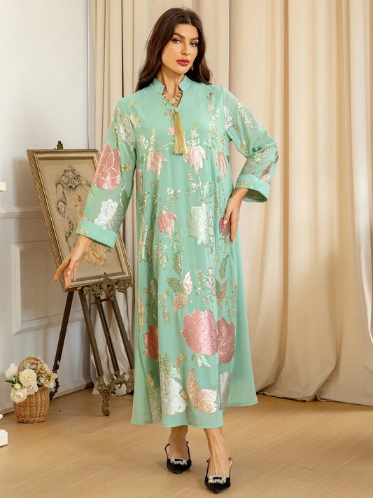 Muslim Fashion Floral Embroidery Sequins Casual Abaya