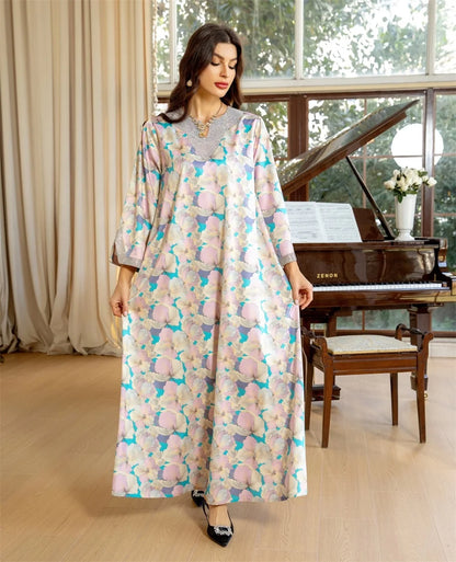 Fashion Diamonds Elegant Printing Long Dresses Muslim Eid