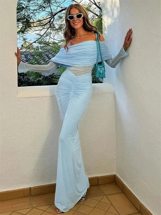 Pleated Mesh Off-Shoulder Maxi Dress Female - DALI