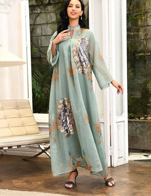 Muslim Abaya Dress Ramadan Sequins Floral Embroidered Loose Robe
