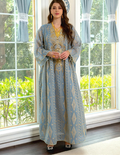 Gorgeous Party Evening Dresses Muslim Ethnic Sequin Gold Thread Embroider Abaya