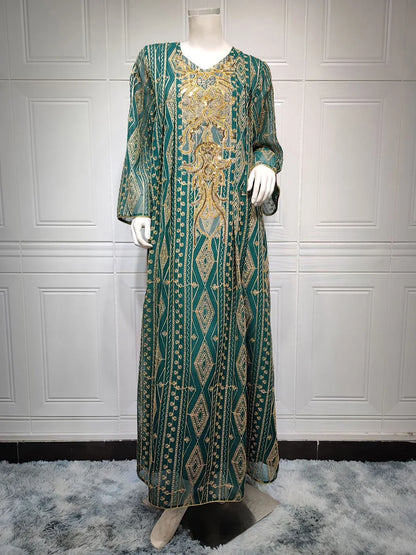 Gorgeous Party Evening Dresses Muslim Ethnic Sequin Gold Thread Embroider Abaya