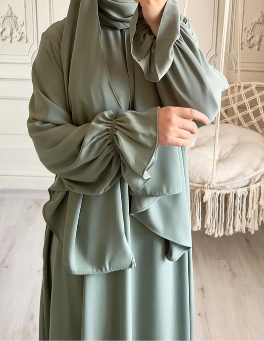 Solid Modest Abaya Muslim Dresses With Headscarf Flare Sleeve