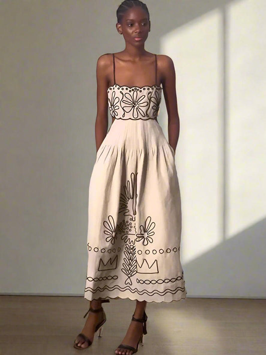 Vintage Printed Hollow Out Sling Dress Women - DALI